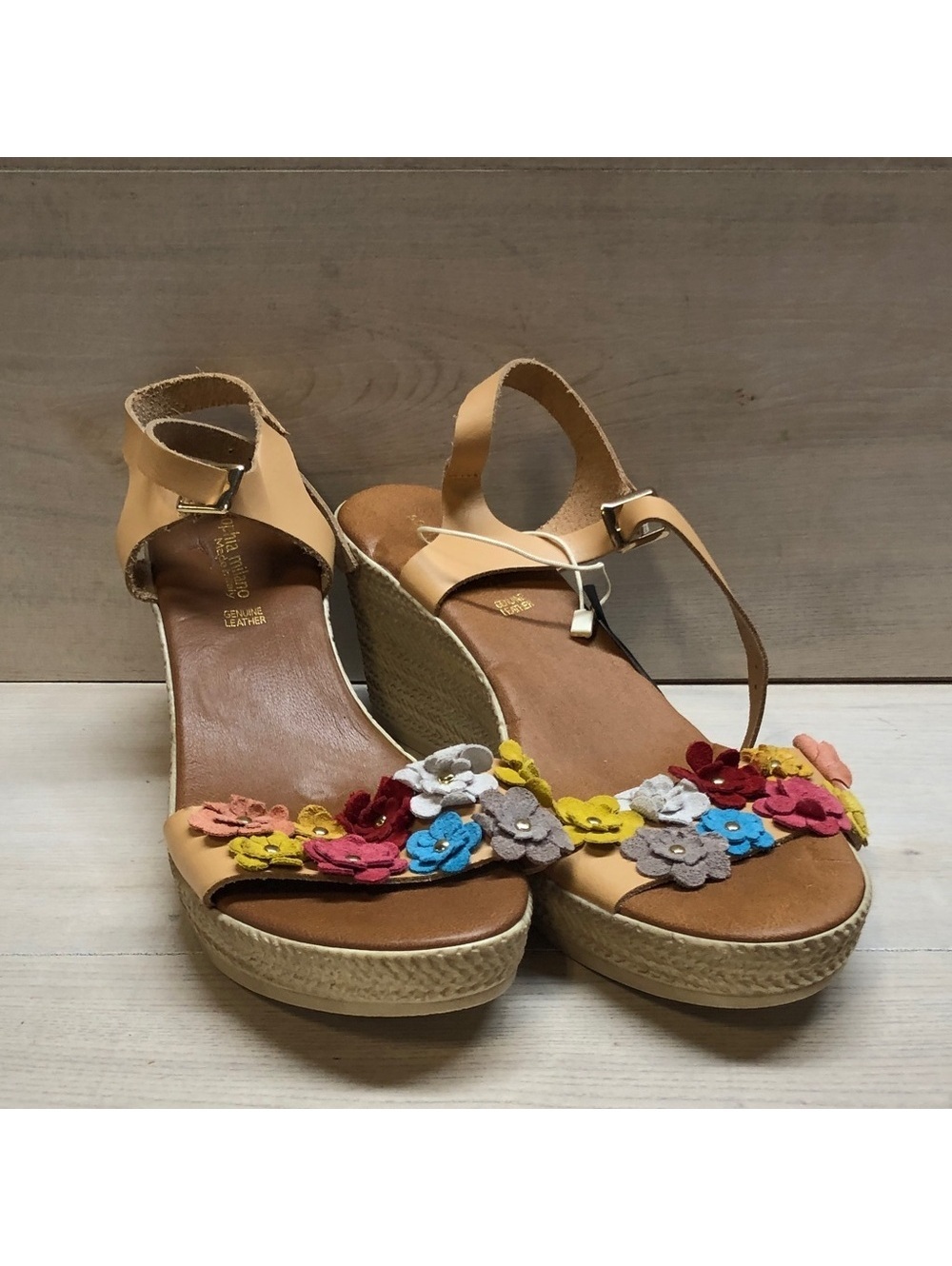 Women’s Tan Wedge Sandals with Multicolor Floral Accents